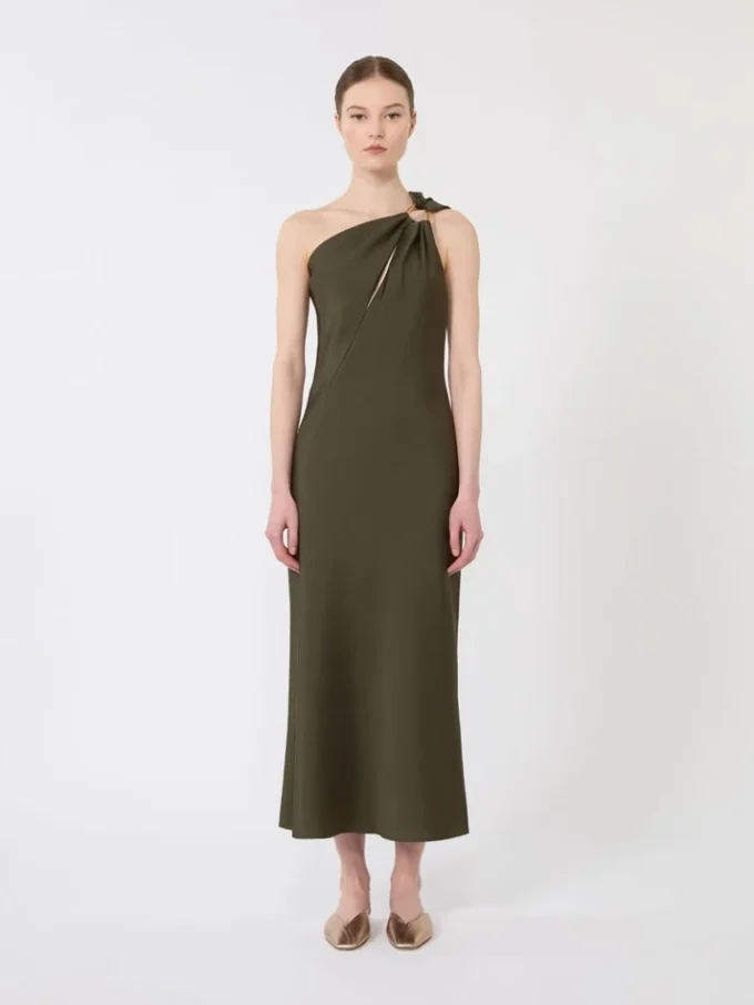 Shiny satin one-shoulder dress, moss green Shiny satin one-shoulder dress, moss green