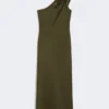 Shiny satin one-shoulder dress, moss green Shiny satin one-shoulder dress, moss green