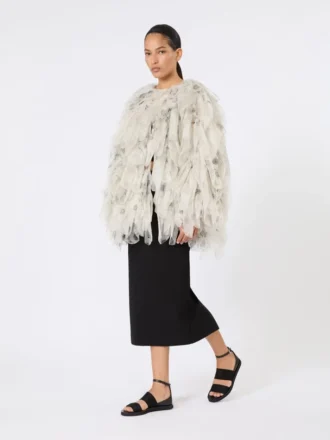 Short overcoat with petals in printed organza, pearl grey