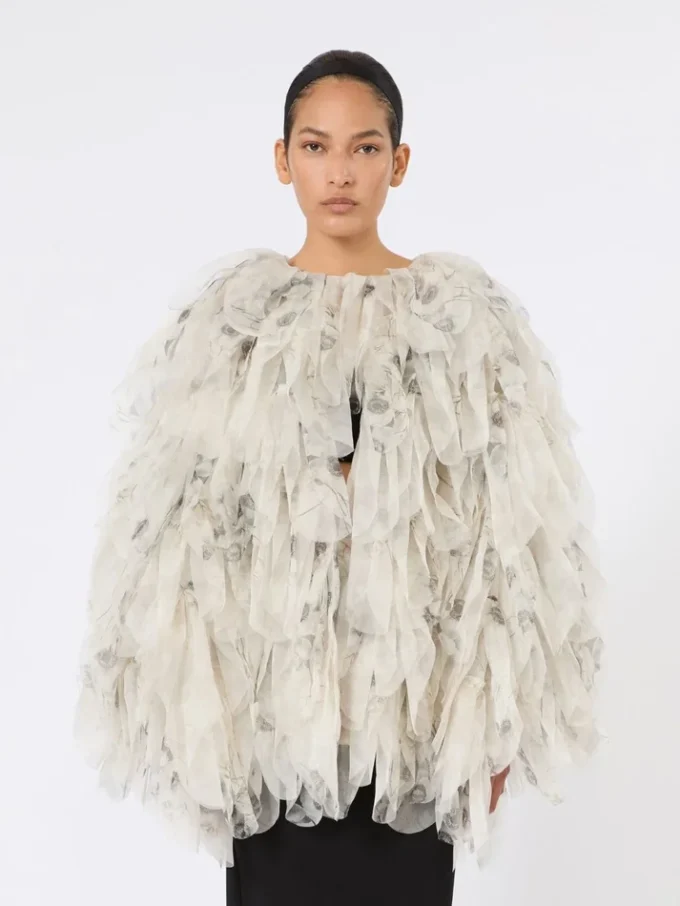 Short overcoat with petals in printed organza, pearl grey Short overcoat with petals in printed organza, pearl grey