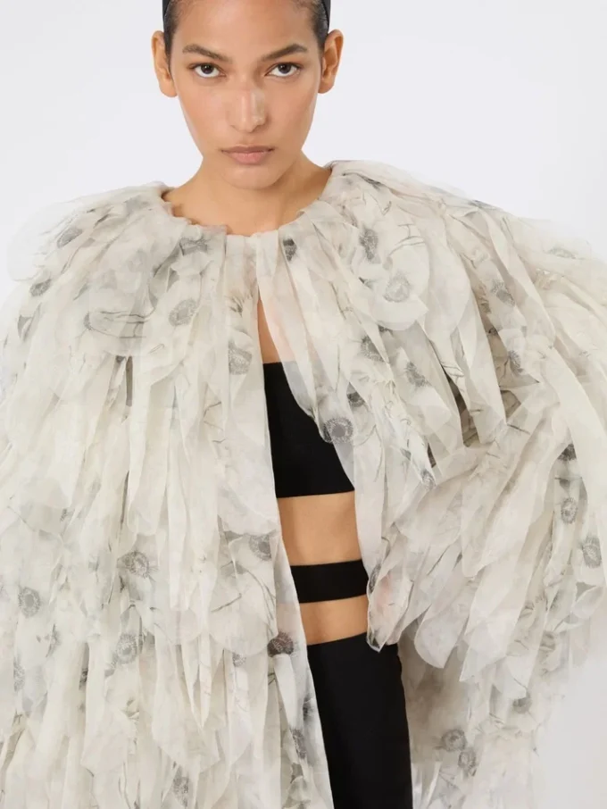 Short overcoat with petals in printed organza, pearl grey Short overcoat with petals in printed organza, pearl grey