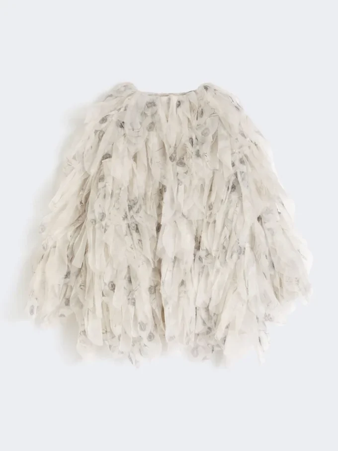 Short overcoat with petals in printed organza, pearl grey Short overcoat with petals in printed organza, pearl grey