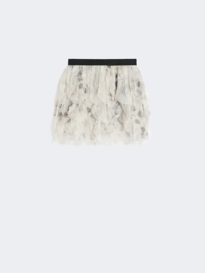 Short skirt with petals in printed organza, pearl grey