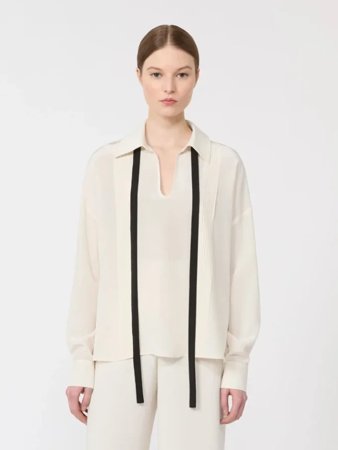 Silk blouse with bow tie, beige