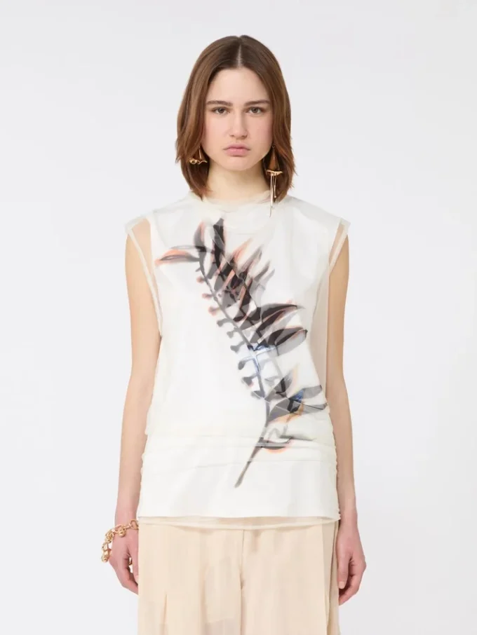 Sleeveless double-layer satin and tulle top, white