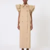 Sleeveless duster coat in linen basketweave with ruffles, camel Sleeveless duster coat in linen basketweave with ruffles, camel