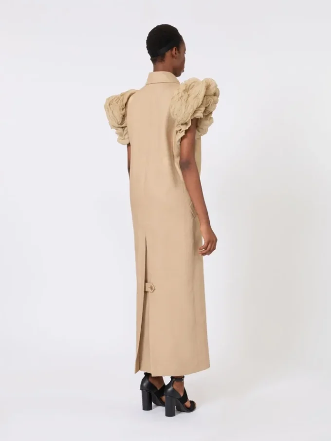 Sleeveless duster coat in linen basketweave with ruffles, camel Sleeveless duster coat in linen basketweave with ruffles, camel