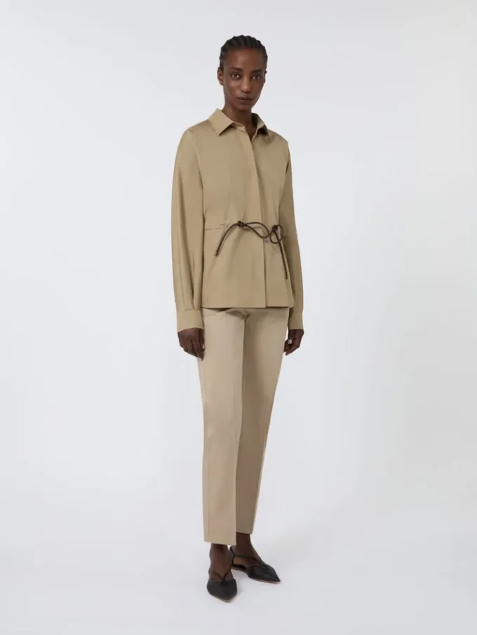 Slim-fit cotton satin trousers, kaki Slim-fit cotton satin trousers, kaki