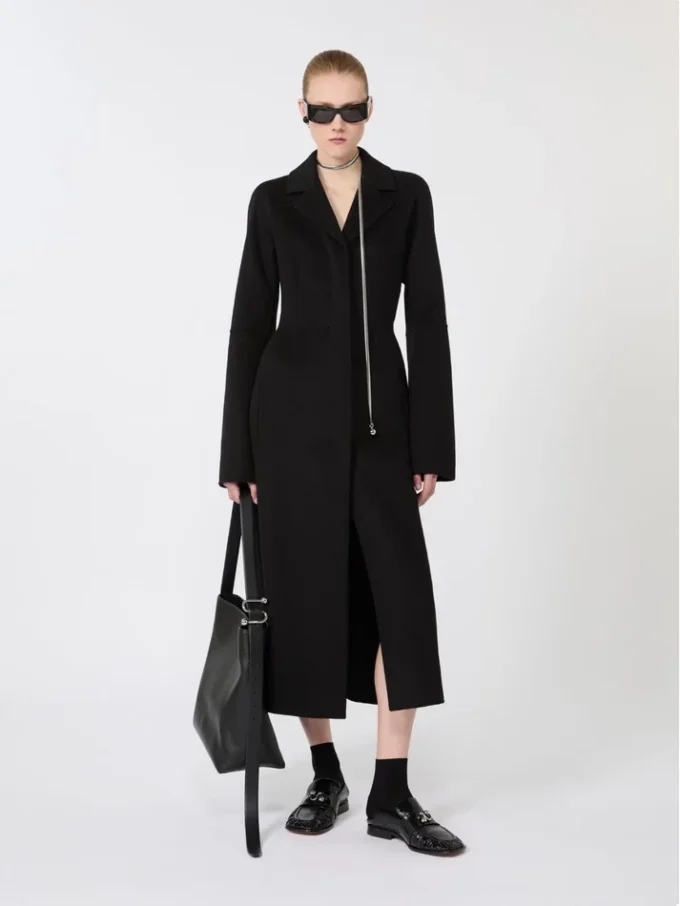 Slim-fit long wool coat, black