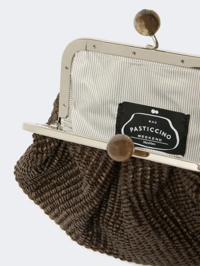 Small raffia-effect pasticcino bag, dark brown