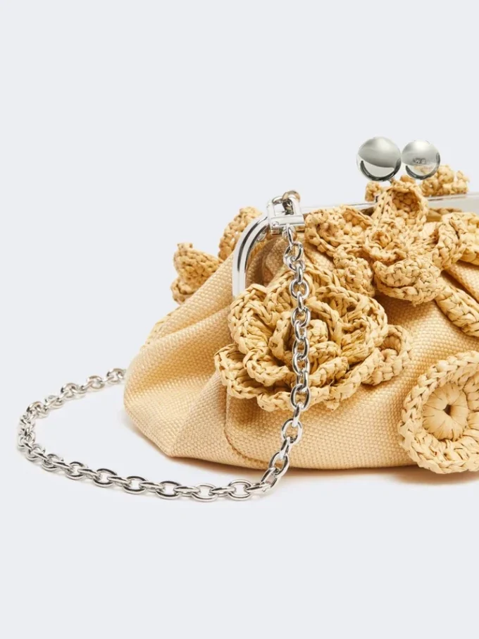 Small raffia-effect pasticcino bag with flowers, beige Small raffia-effect pasticcino bag with flowers, beige