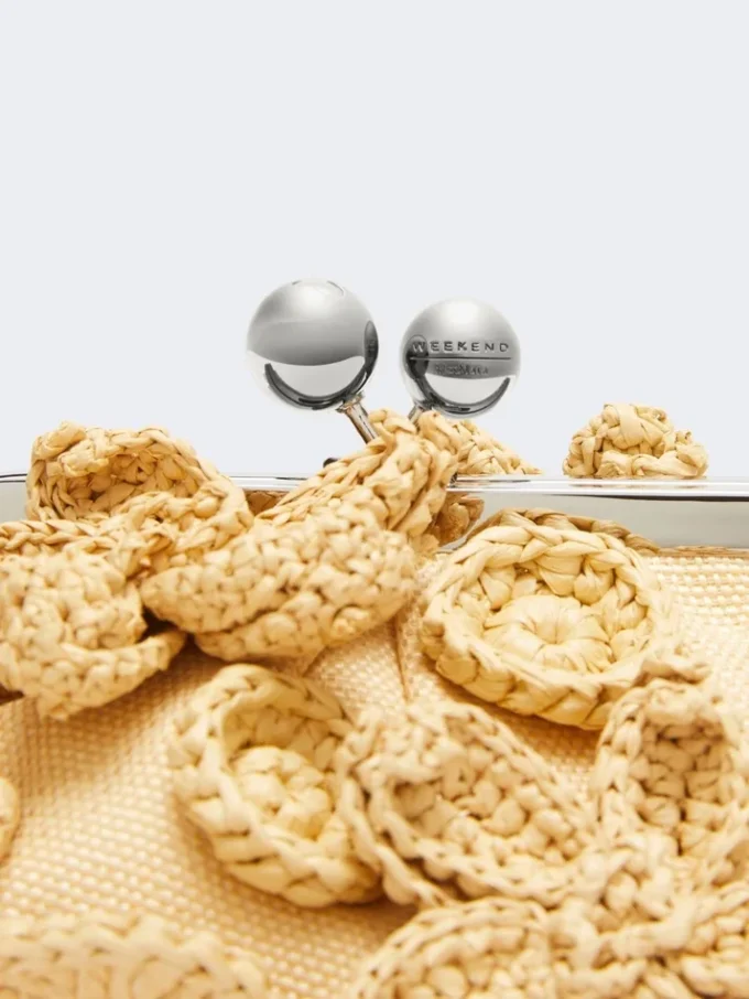 Small raffia-effect pasticcino bag with flowers, beige Small raffia-effect pasticcino bag with flowers, beige