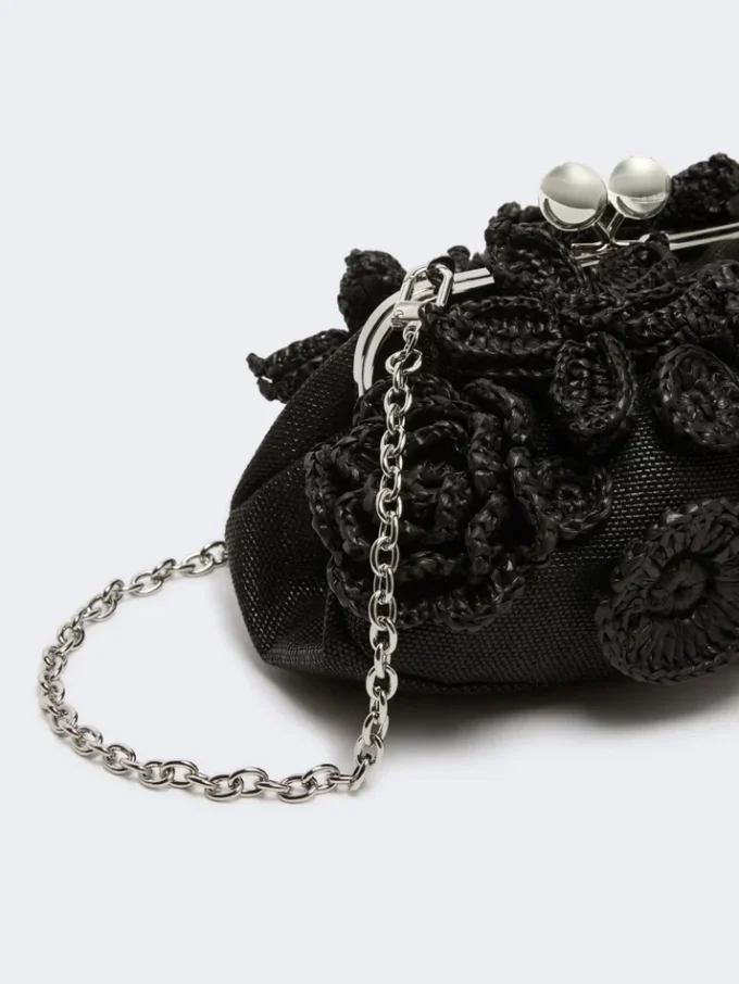 Small raffia-effect pasticcino bag with flowers, black Small raffia-effect pasticcino bag with flowers, black