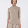 Stockinette-stitched wool polo-neck sweater, brown Stockinette-stitched wool polo-neck sweater, brown