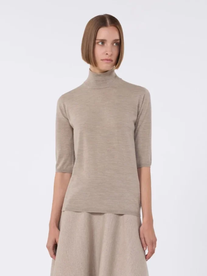 Stockinette-stitched wool polo-neck sweater, brown Stockinette-stitched wool polo-neck sweater, brown