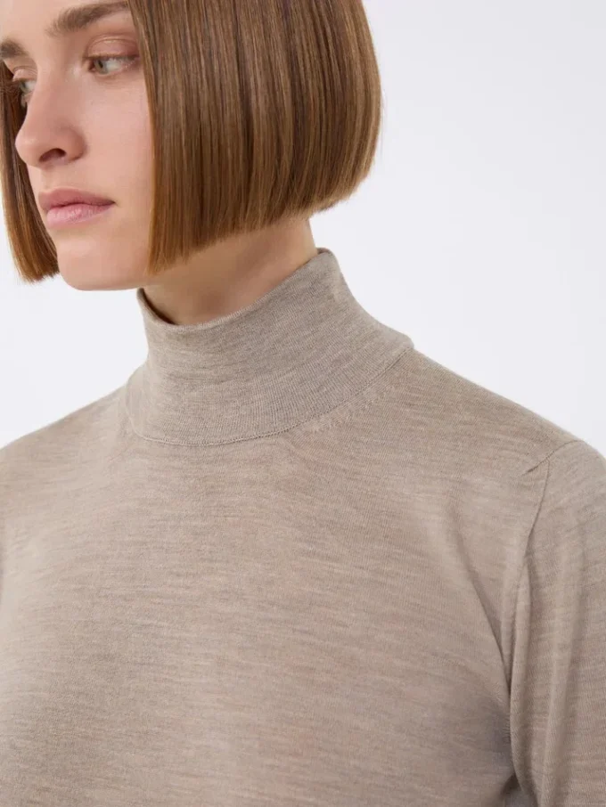 Stockinette-stitched wool polo-neck sweater, brown Stockinette-stitched wool polo-neck sweater, brown