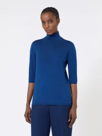 Stockinette-stitched wool polo-neck sweater, china blue