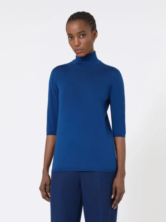 Stockinette-stitched wool polo-neck sweater, china blue Stockinette-stitched wool polo-neck sweater, china blue