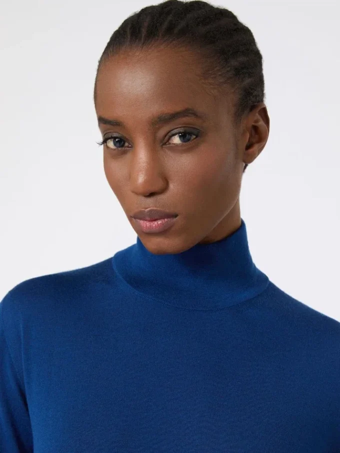 Stockinette-stitched wool polo-neck sweater, china blue Stockinette-stitched wool polo-neck sweater, china blue