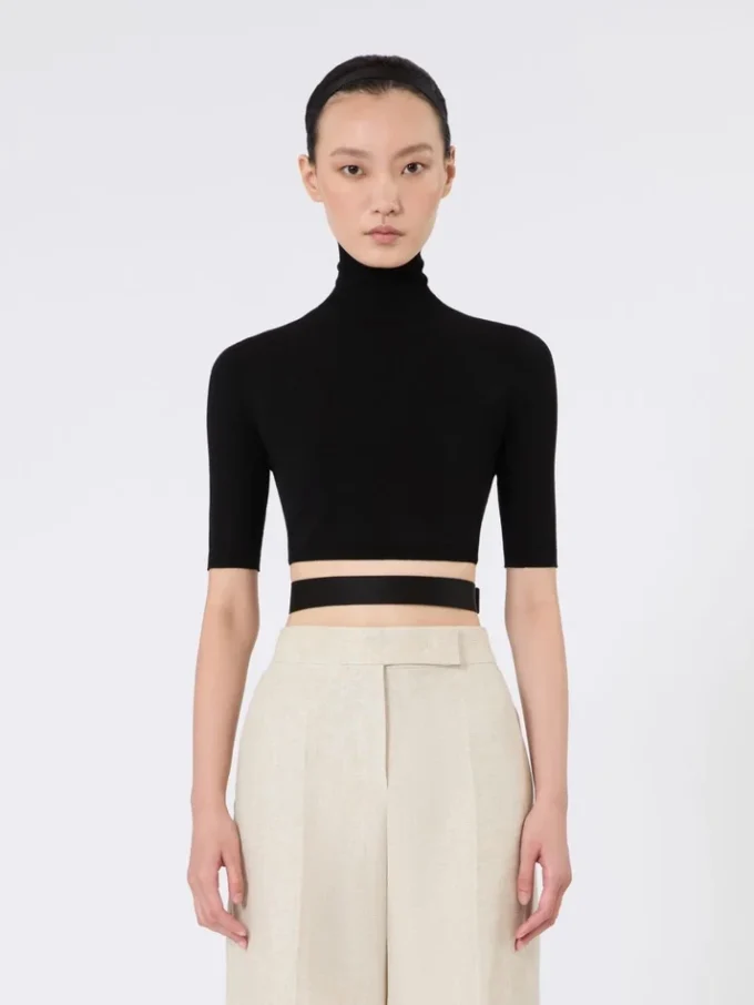 Stretch viscose cropped turtleneck, black