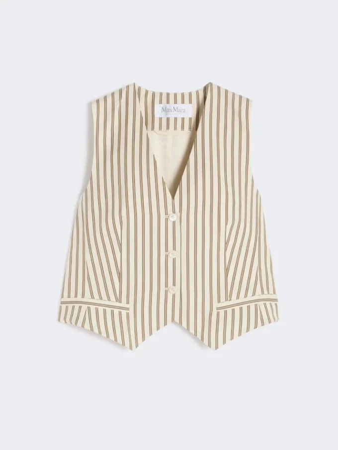 Striped cotton and silk canvas gilet, beige