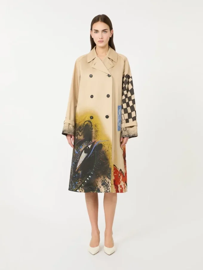 Trench coat in patterned water-repellent gabardine, skin orient Trench coat in patterned water-repellent gabardine, skin orient