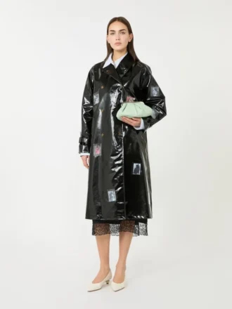 Vinyl-effect gabardine midi trench coat, black