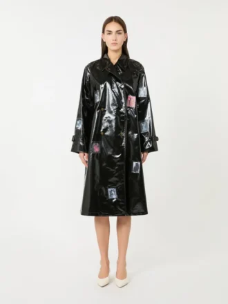 Vinyl-effect gabardine midi trench coat, black