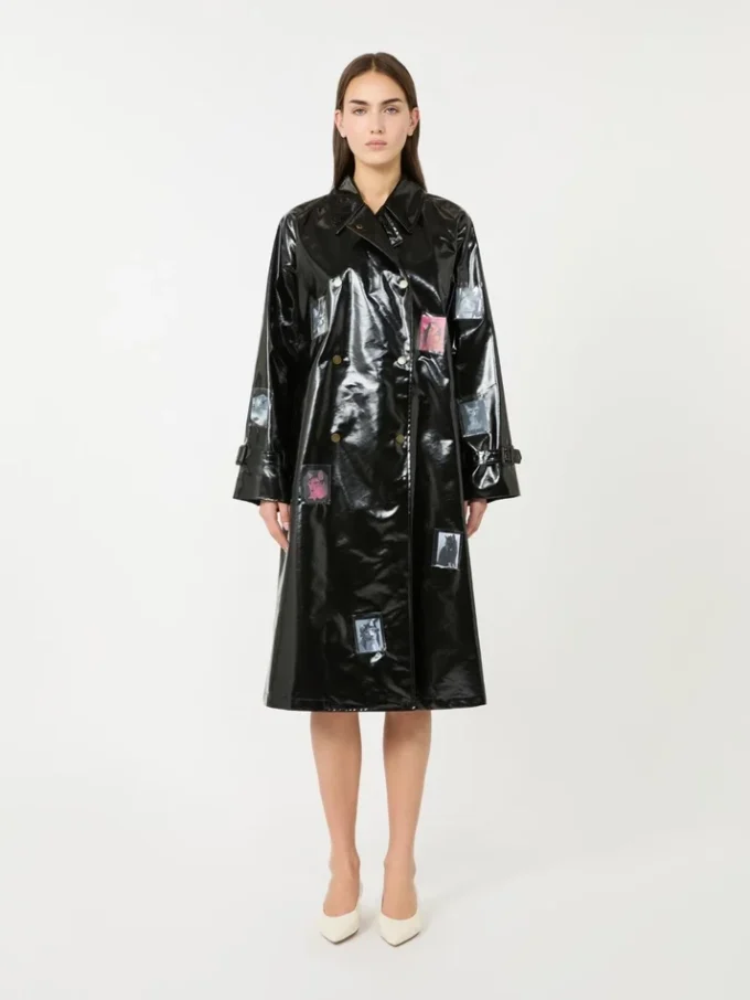 Vinyl-effect gabardine midi trench coat, black Vinyl-effect gabardine midi trench coat, black