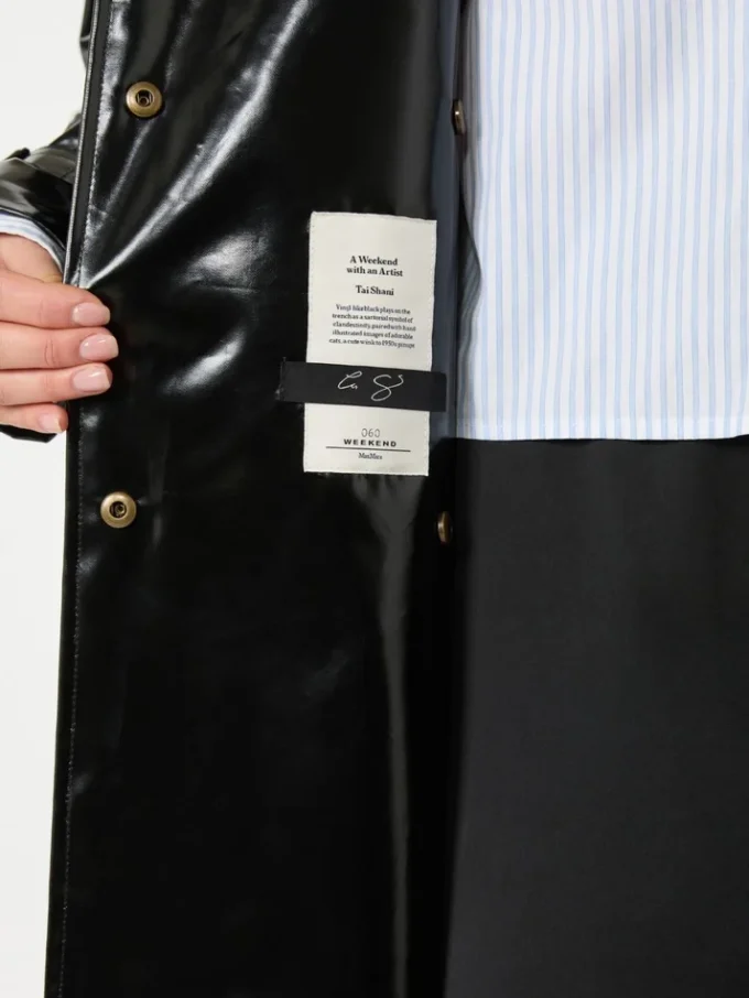 Vinyl-effect gabardine midi trench coat, black Vinyl-effect gabardine midi trench coat, black