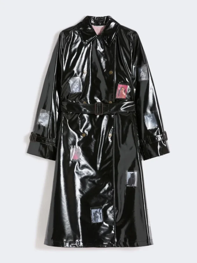 Vinyl-effect gabardine midi trench coat, black Vinyl-effect gabardine midi trench coat, black