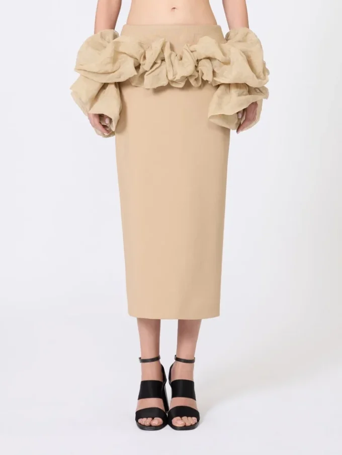 Viscose jersey midi skirt with ruffles, camel
