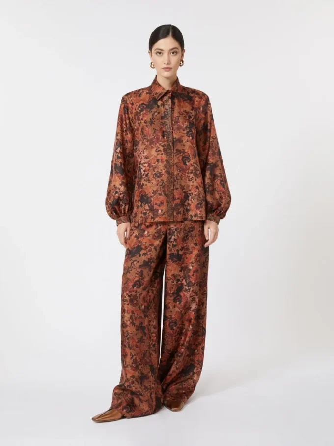 Wide-fit printed silk trousers, terra cotta Wide-fit printed silk trousers, terra cotta