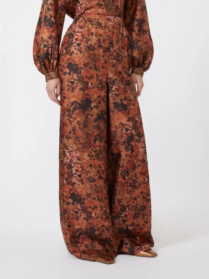 Wide-fit printed silk trousers, terra cotta Wide-fit printed silk trousers, terra cotta