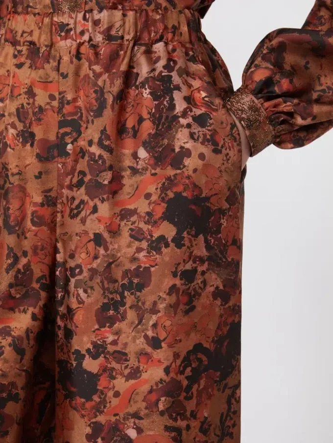 Wide-fit printed silk trousers, terra cotta Wide-fit printed silk trousers, terra cotta