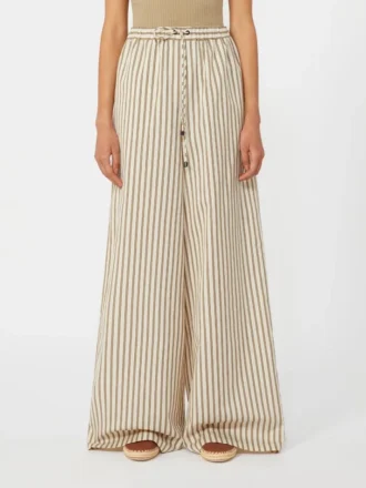 Wide-fit striped cotton and silk canvas trousers, beige