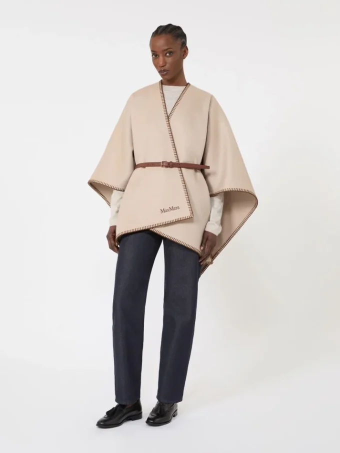 Wool and cashmere cape with belt, sand