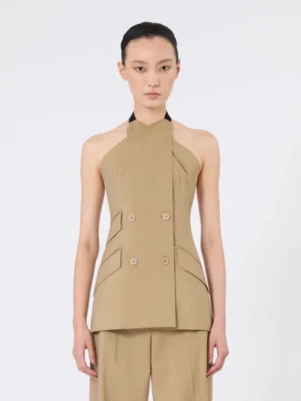 Wool and silk poplin sleeveless jacket, camel