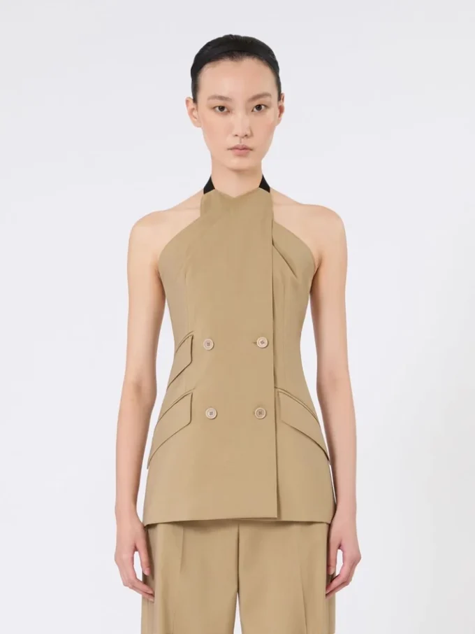 Wool and silk poplin sleeveless jacket, camel Wool and silk poplin sleeveless jacket, camel