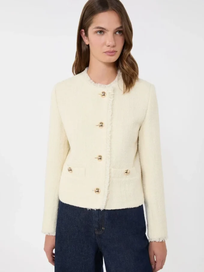 Wool-blend crew-neck jacket, ecru