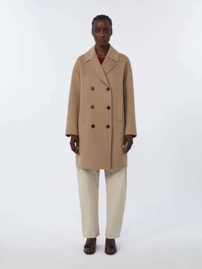 Wool broadcloth midi coat, beige